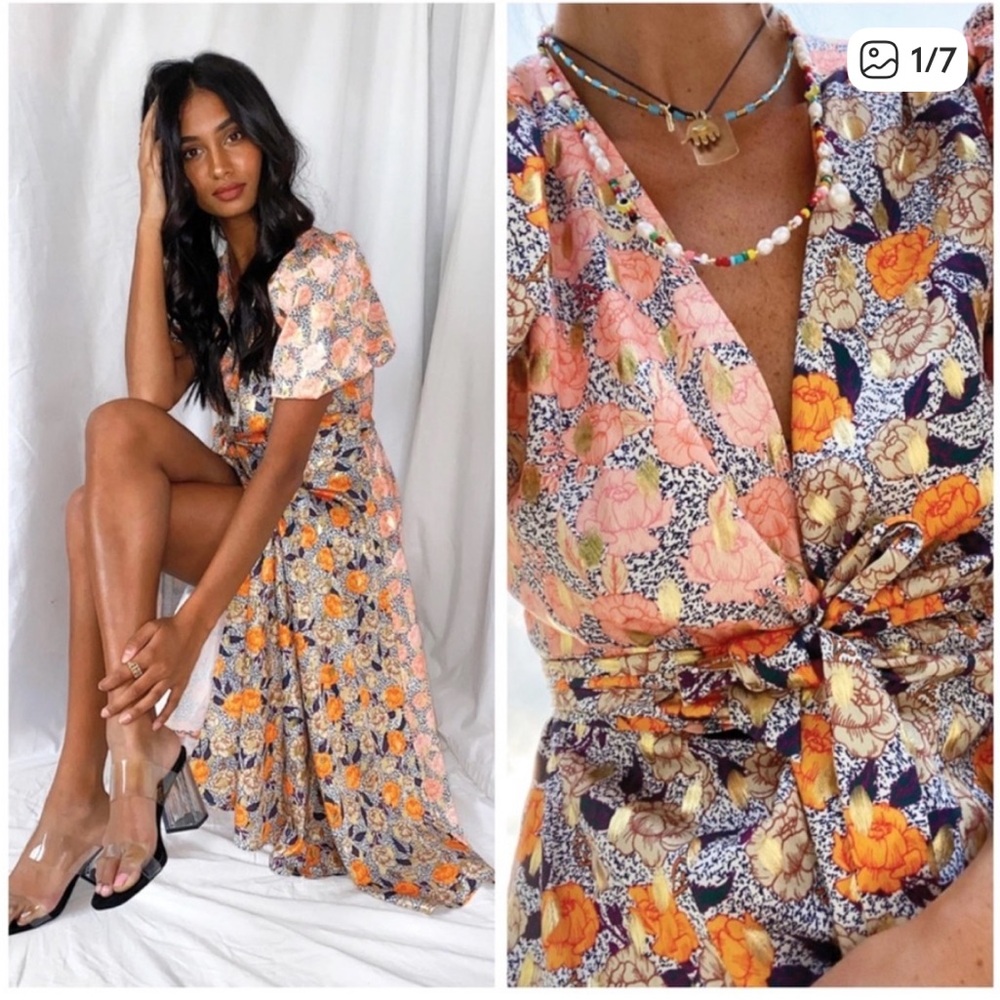 Never Fully Dressed Floral Wrap Maxi Dress in Peach, Orange & Navy